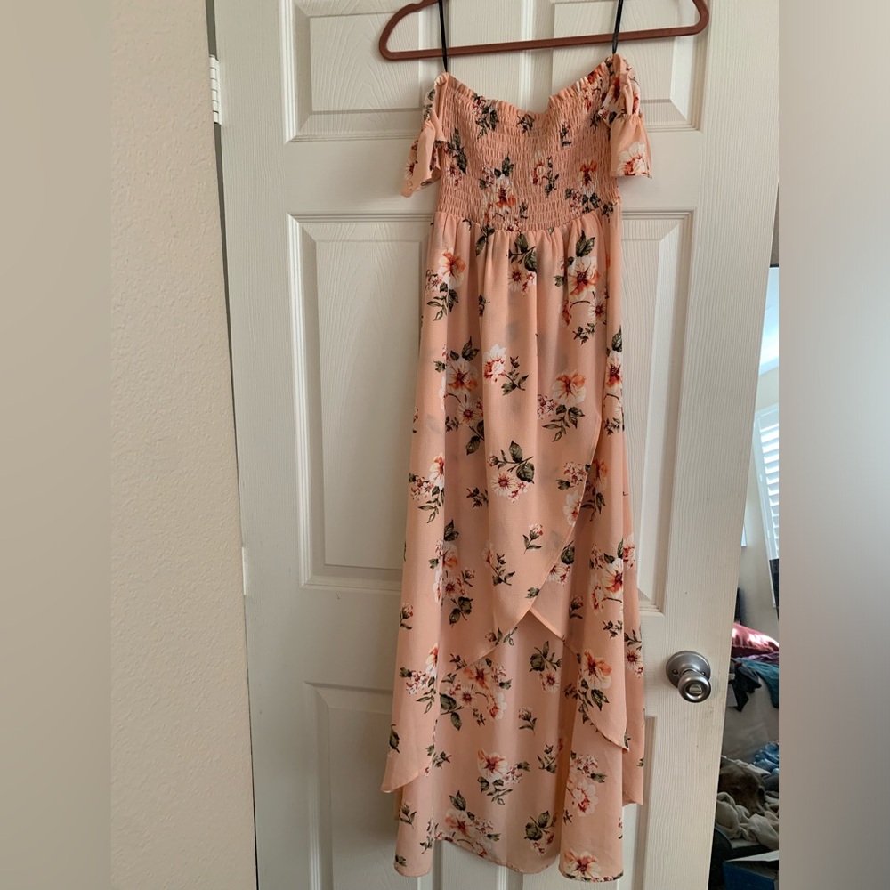 Floral high low dress off the shoulder